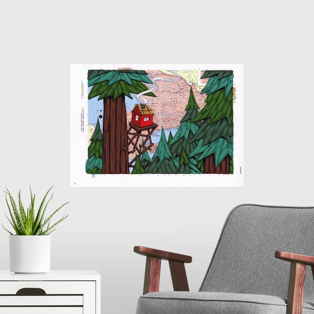 A modern room featuring Pop art painting of a cabin on stilts in the canopy of a forest.