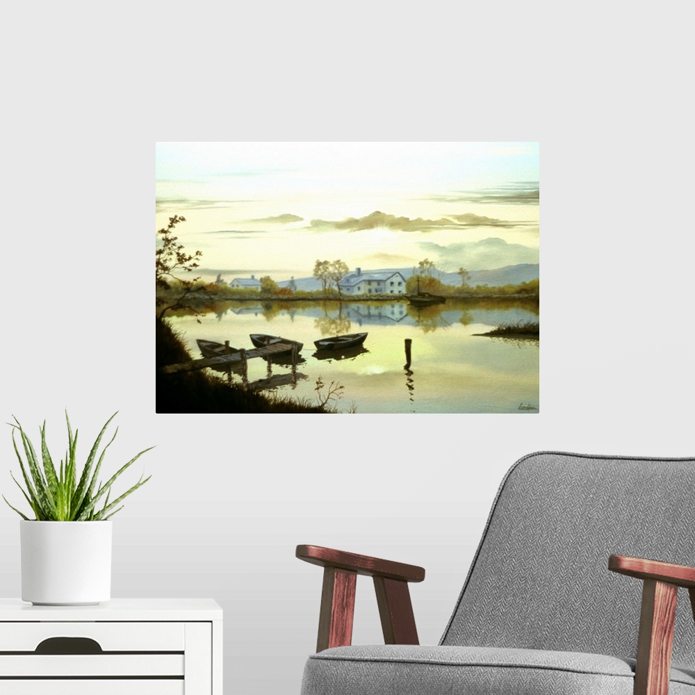 A modern room featuring Contemporary painting of a still lake with three boats by the pier.