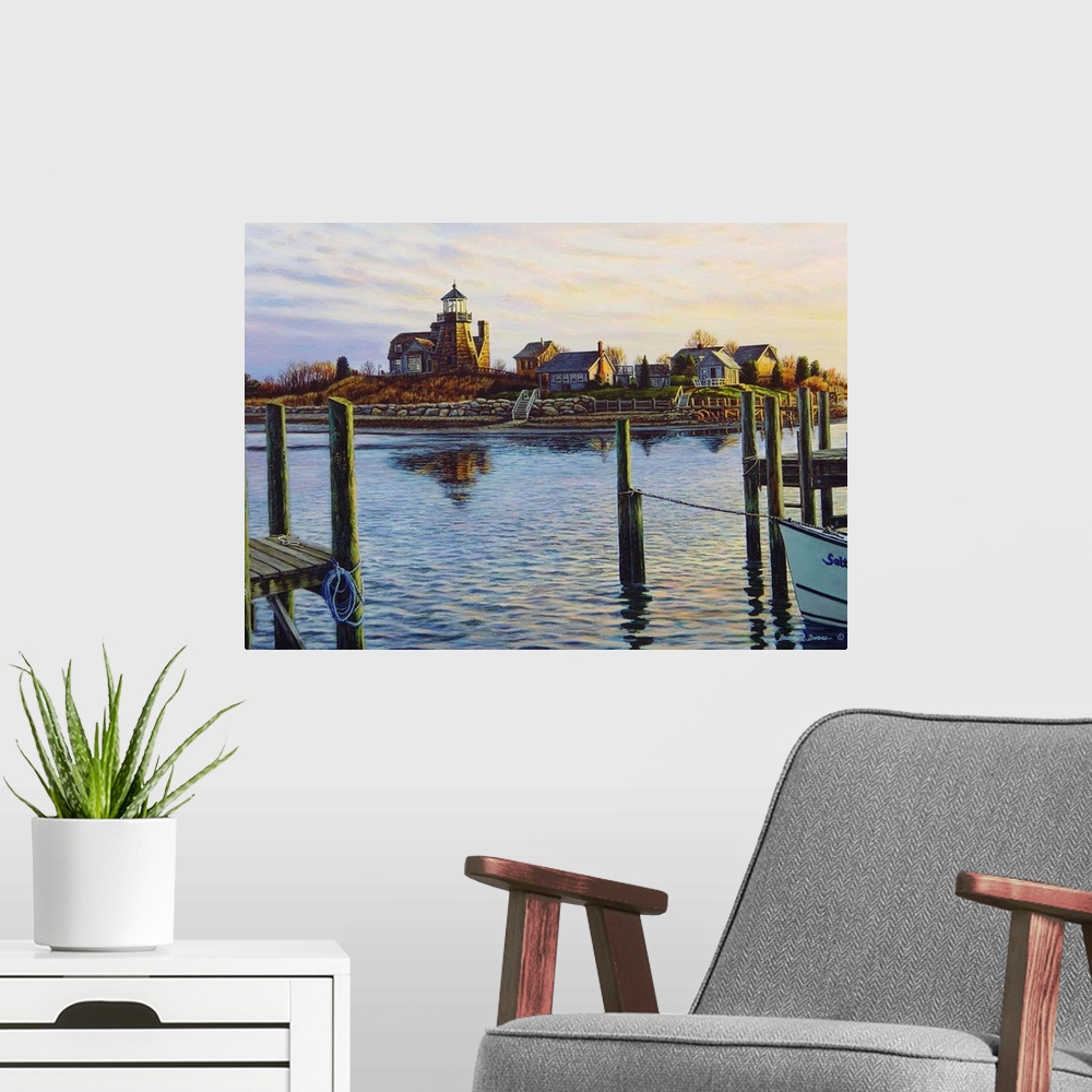 A modern room featuring Contemporary artwork of a water scene overlooking harbor with a lighthouse.