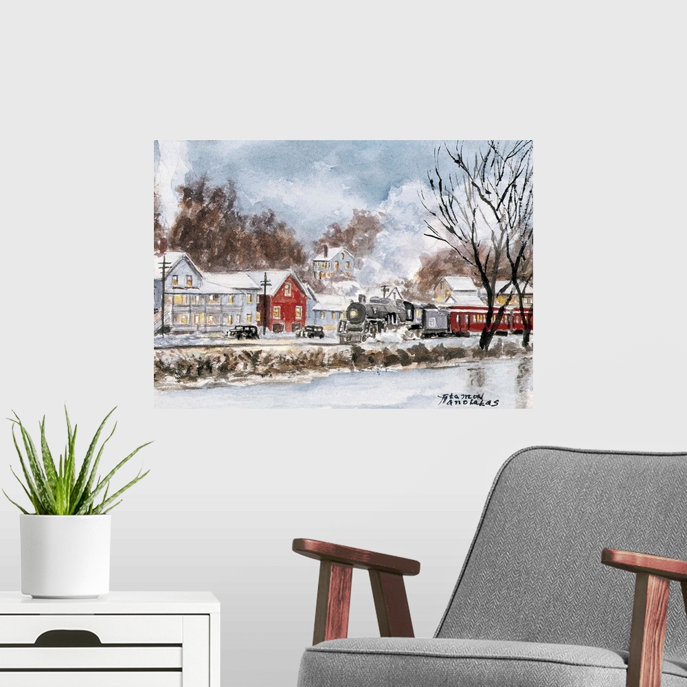 A modern room featuring A train passes through a rural village in winter.
