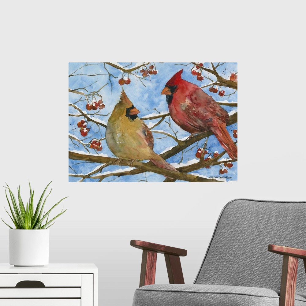 A modern room featuring Male and female cardinals in a tree.