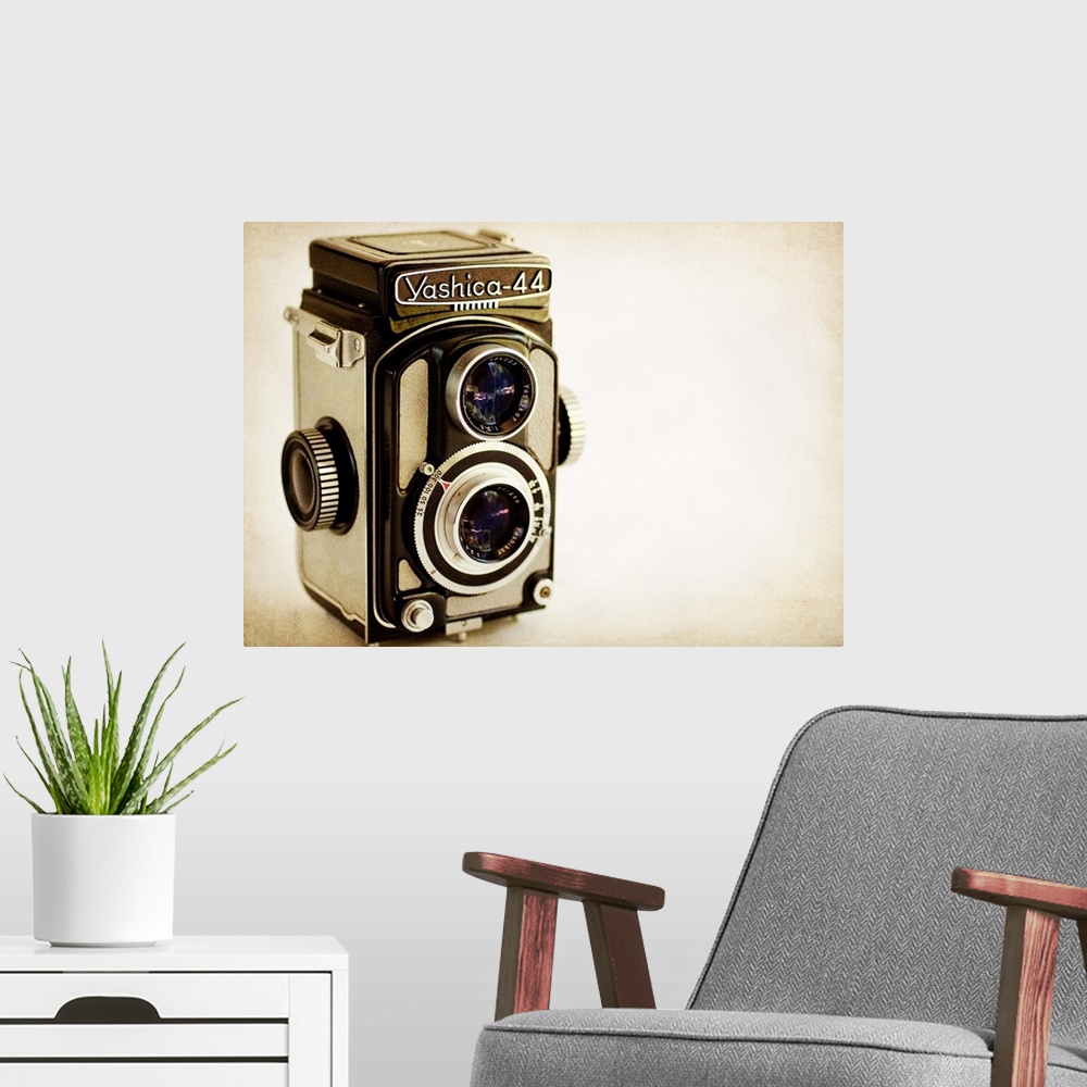 A modern room featuring Photograph of a vintage camera with a vintage sepia look to it.