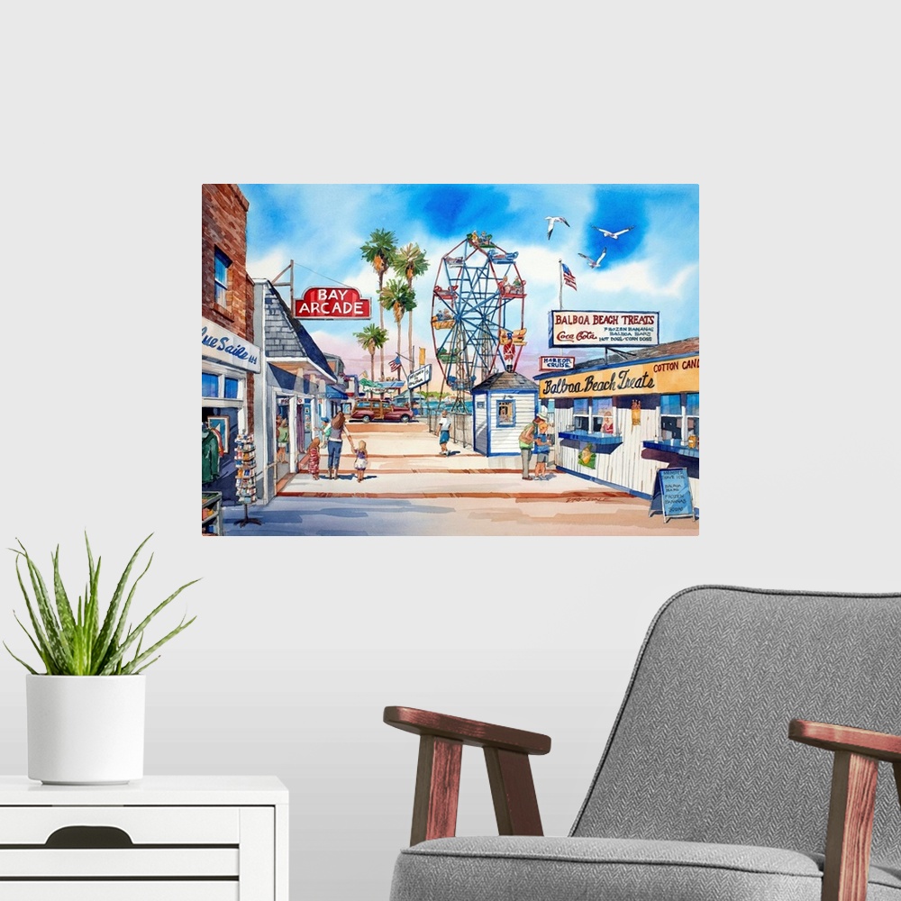 A modern room featuring Watercolor painting of Balboa's Fun Zone in Newport Beach, California.