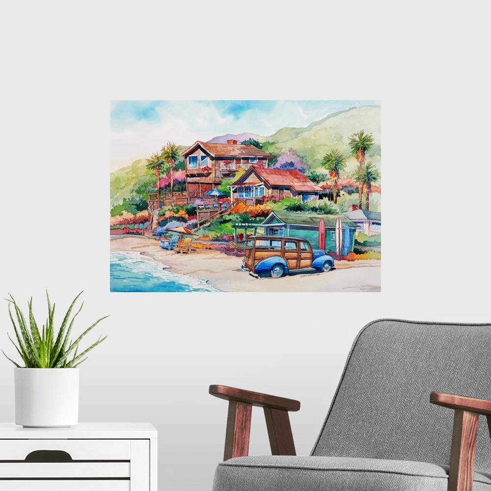 A modern room featuring Watercolor of a woodie on the beach in Crystal Cove, Newport Beach, CA.