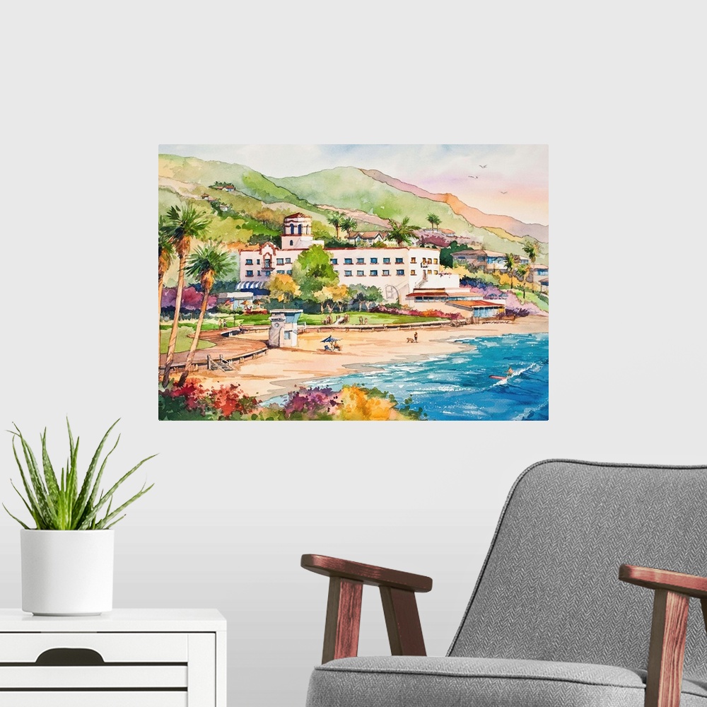 A modern room featuring Landscape watercolor painting of Laguna Main Beach, CA.