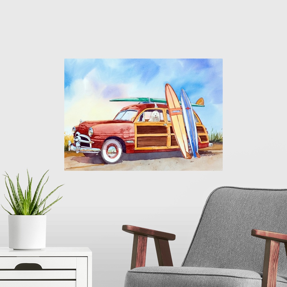 A modern room featuring Watercolor of a 1950 Ford surfer woodie wagon.