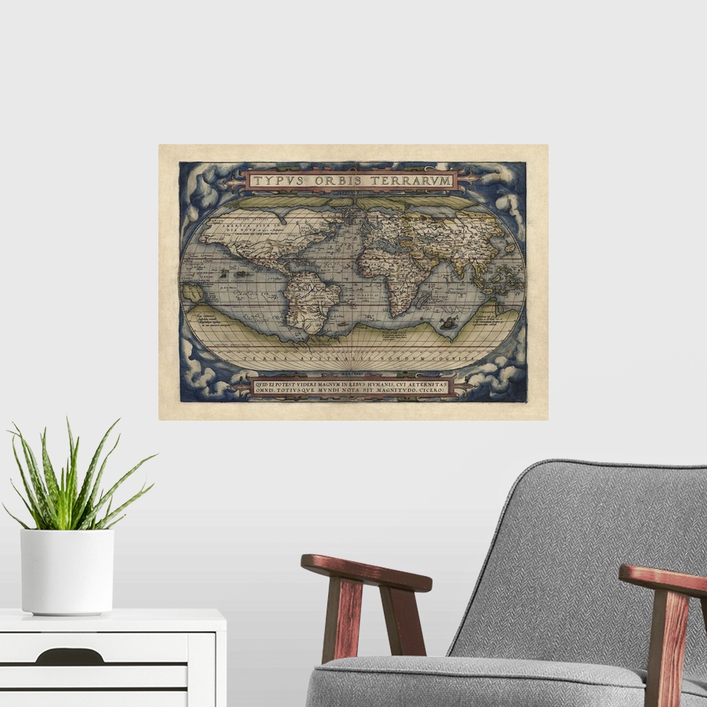 A modern room featuring This decorative wall art is an antique map or the world drawn as a globe complete with latitudina...