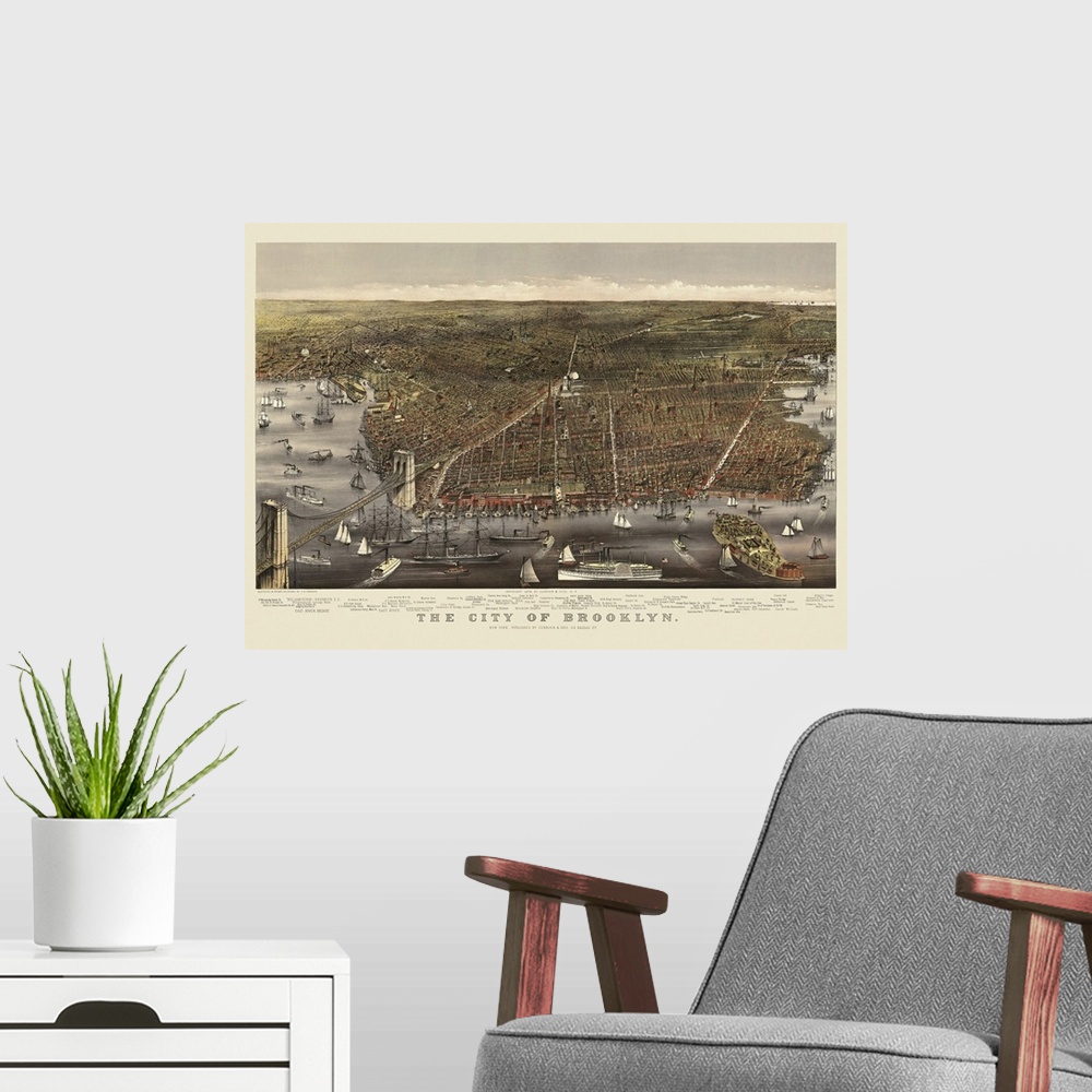A modern room featuring This large piece is a vintage map of the city of Brooklyn. The water that surrounds the city is f...
