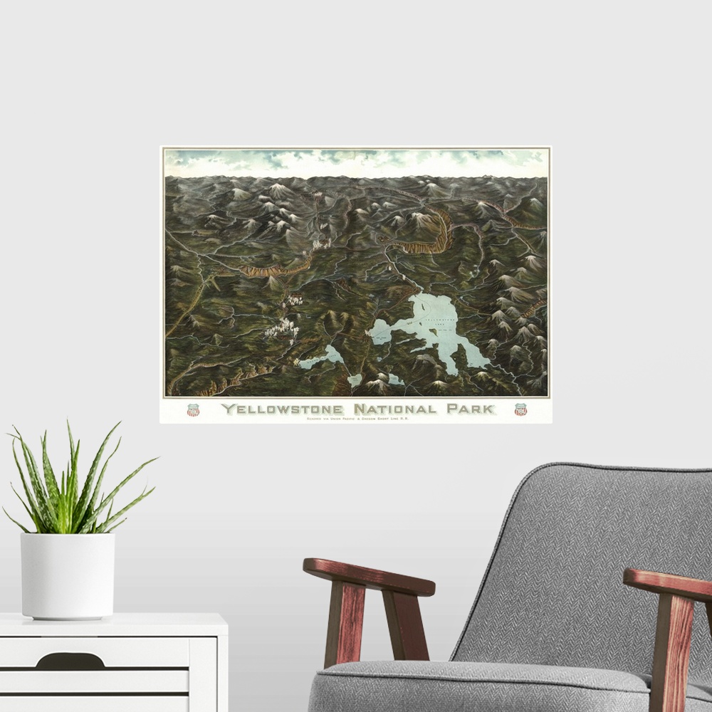 A modern room featuring Vintage map of Yellowstone National Park