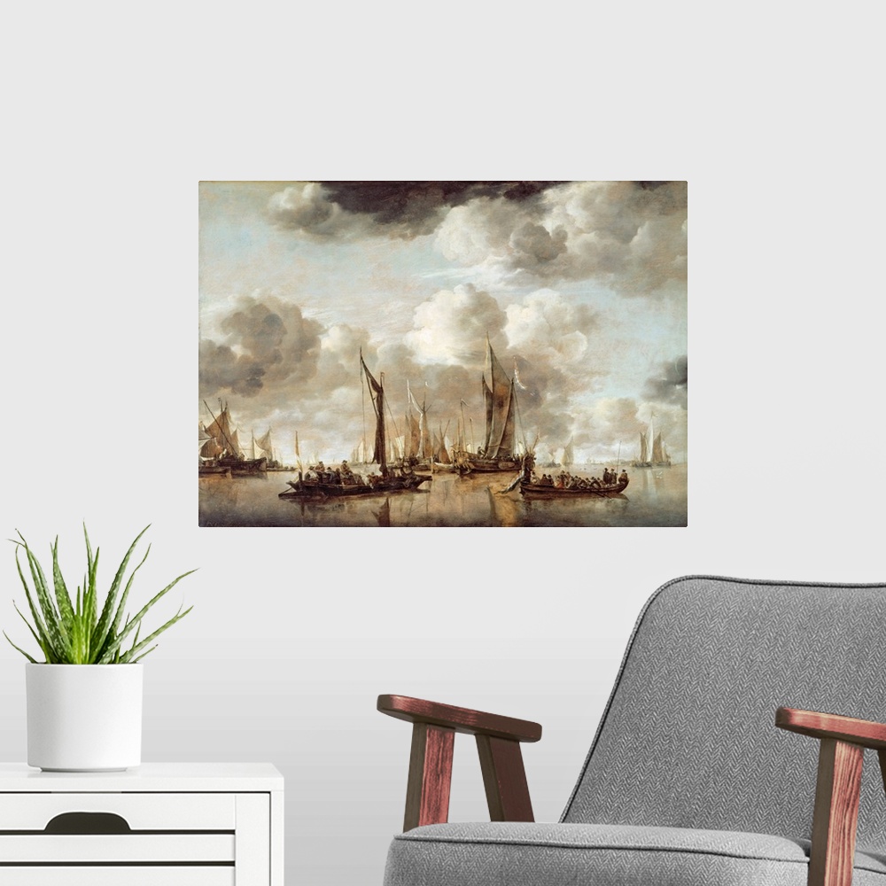 A modern room featuring BAL3580 A Dutch Yacht Firing a Salute as a Barge Pulls Away, 1650 (oil on panel)  by Capelle or C...