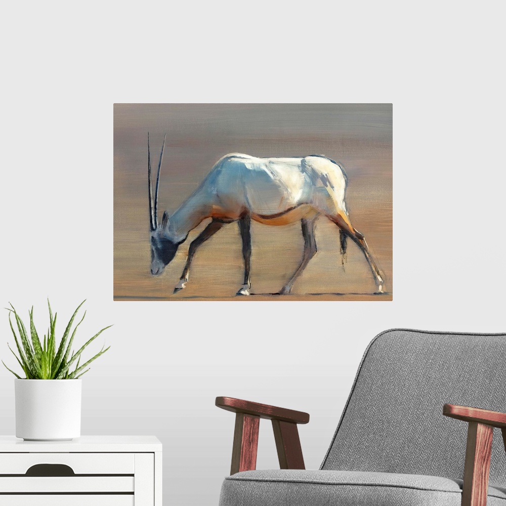 A modern room featuring Contemporary wildlife painting of an Oryx grazing in the desert.