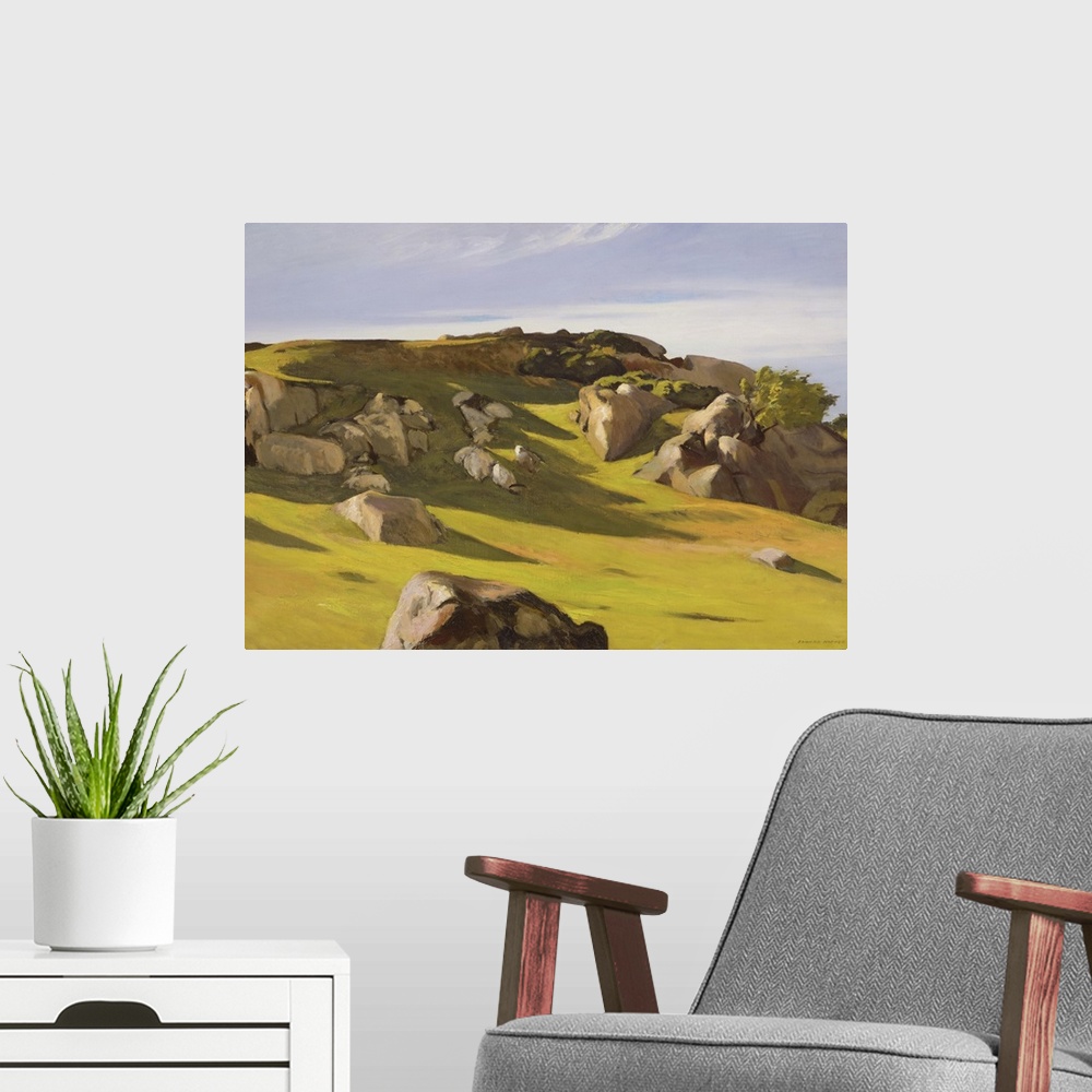 A modern room featuring Bright landscape painting of the rocky Cape Anne located in Massachusetts, New England.