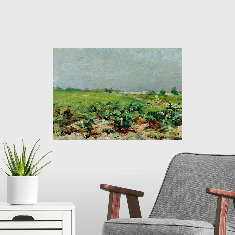 A modern room featuring Artwork for the home of a large oil painted green field. Different techniques of painting have be...