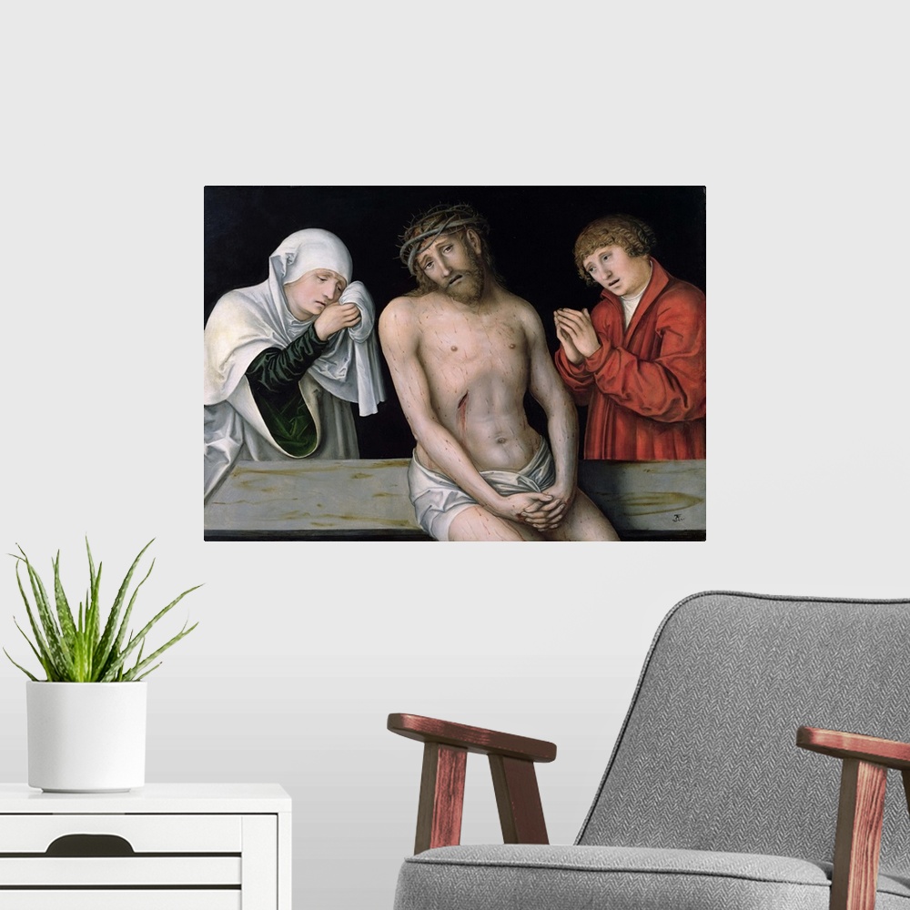 A modern room featuring XKH141602 Christ as the Man of Sorrows with the Virgin and St. John (oil on panel) by Cranach, Lu...