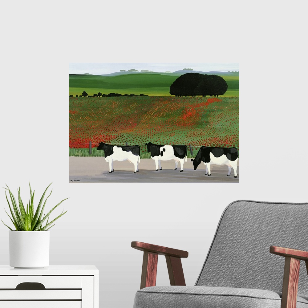 A modern room featuring Large artwork on a horizontal canvas of three cows standing in front of a fenced off field of pop...