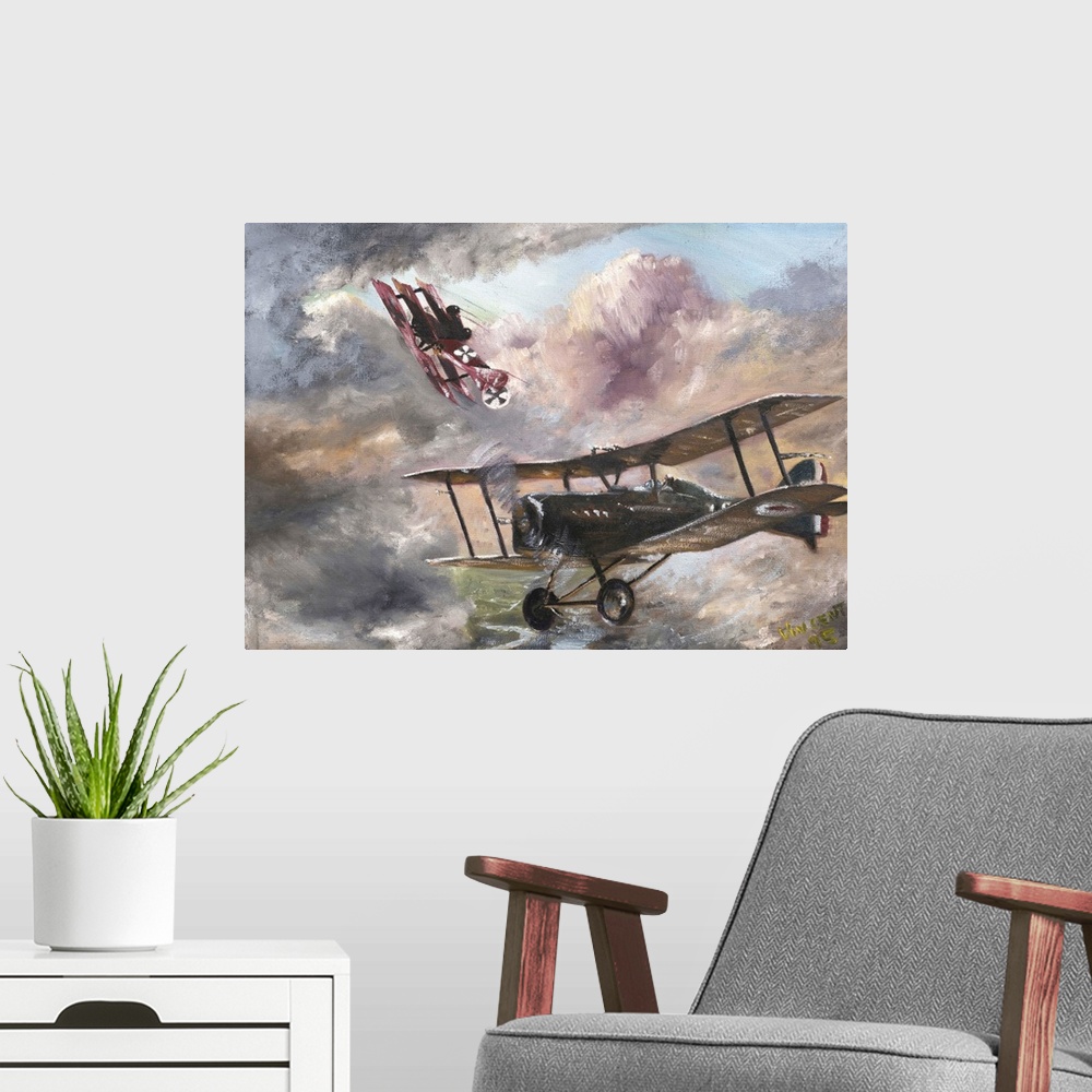 A modern room featuring Contemporary painting of a military airplanes in a dogfight.