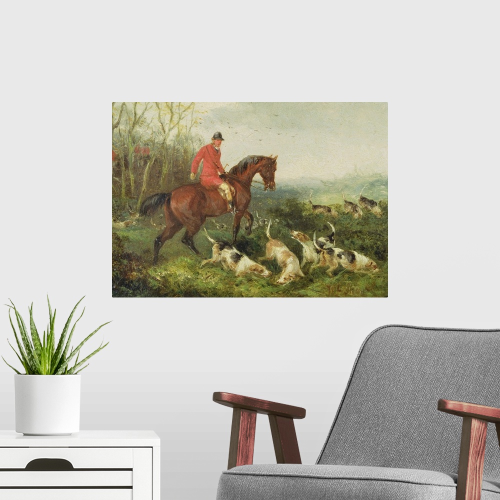 A modern room featuring XYC158520 Foxhunting: At Cover (oil on millboard) by Shayer, William Joseph (1811-92)
