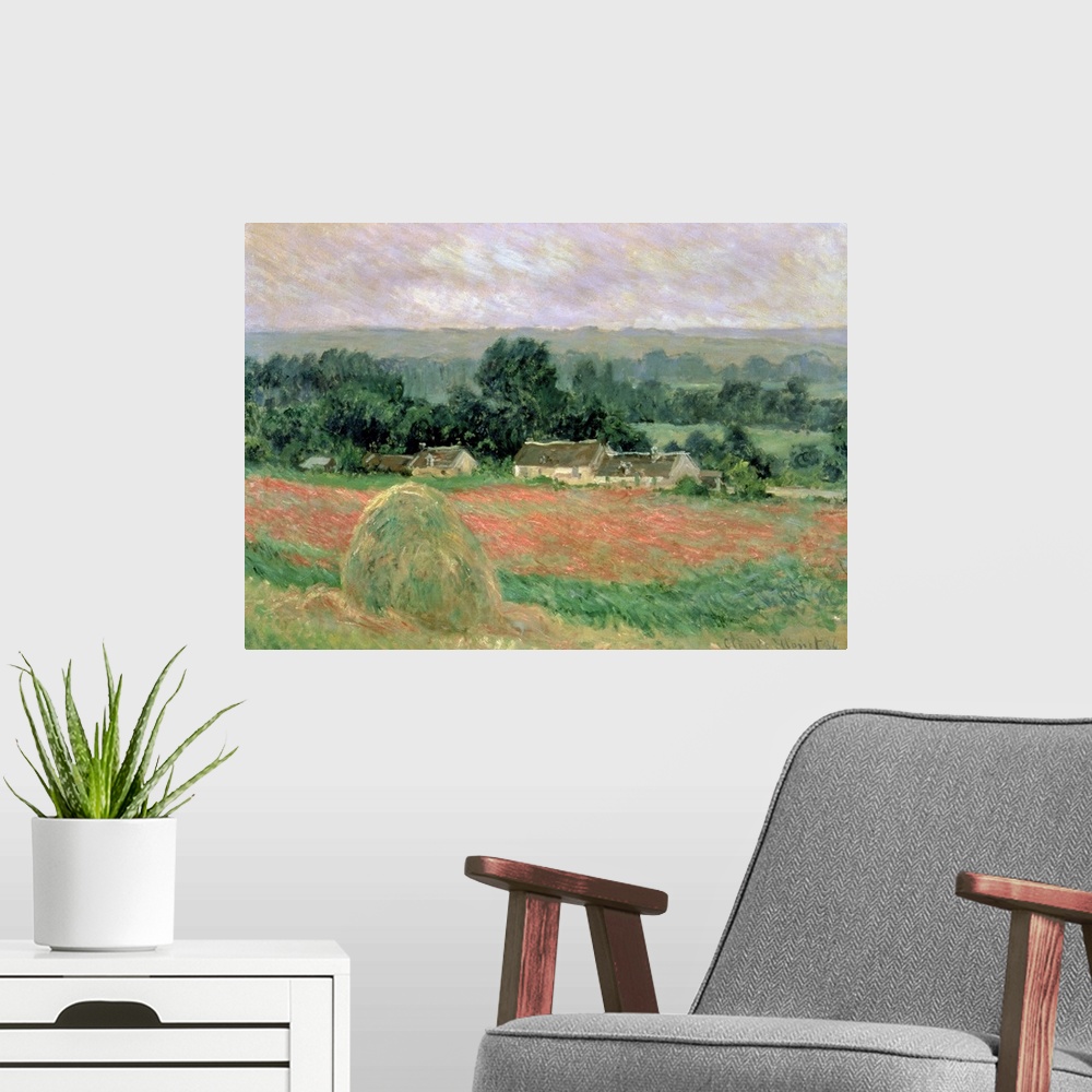A modern room featuring Oil painting of hay bundle in meadow with houses and forest in the distance.