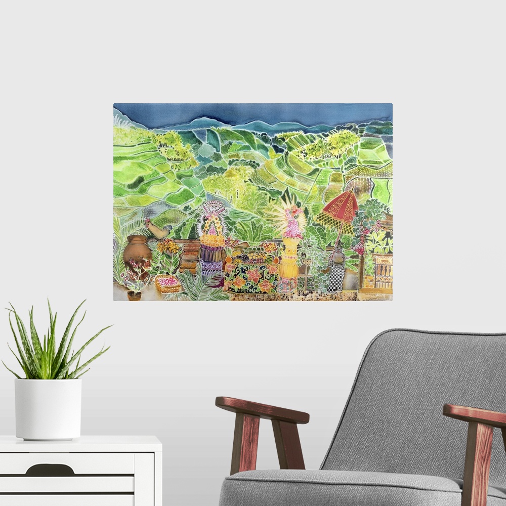 A modern room featuring Contemporary painting of a terrace with flowers overlooking a valley landscape.