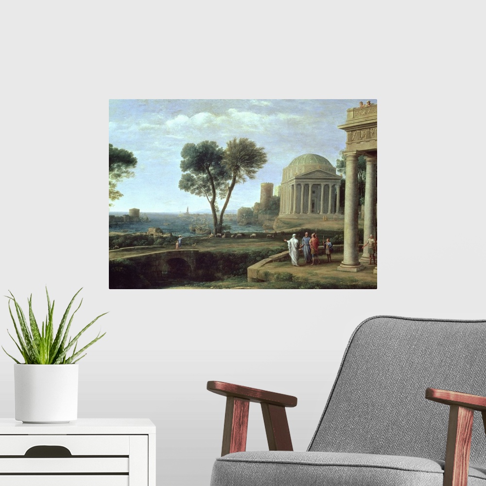A modern room featuring BAL61310 Landscape with Aeneas at Delos, 1672 (oil on canvas)  by Claude Lorrain (Claude Gellee) ...