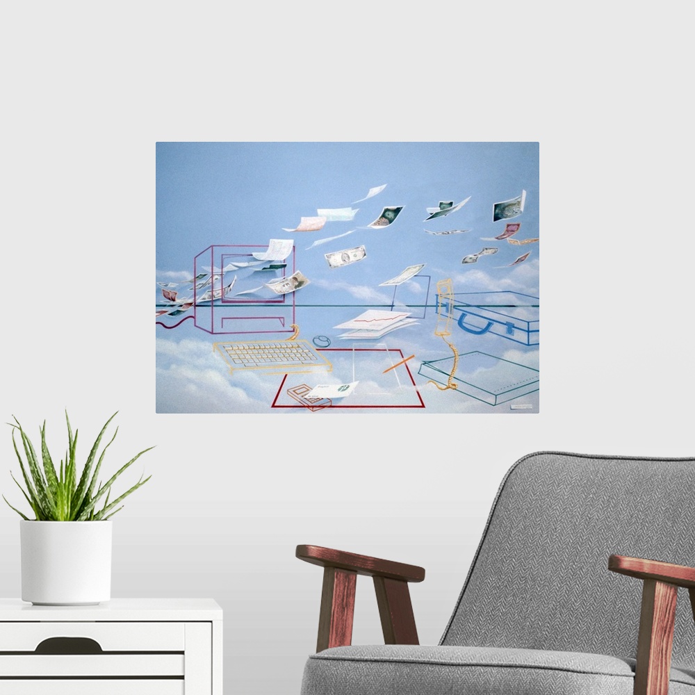 A modern room featuring Abstract contemporary painting of images and papers flying through wire structures of electronics.