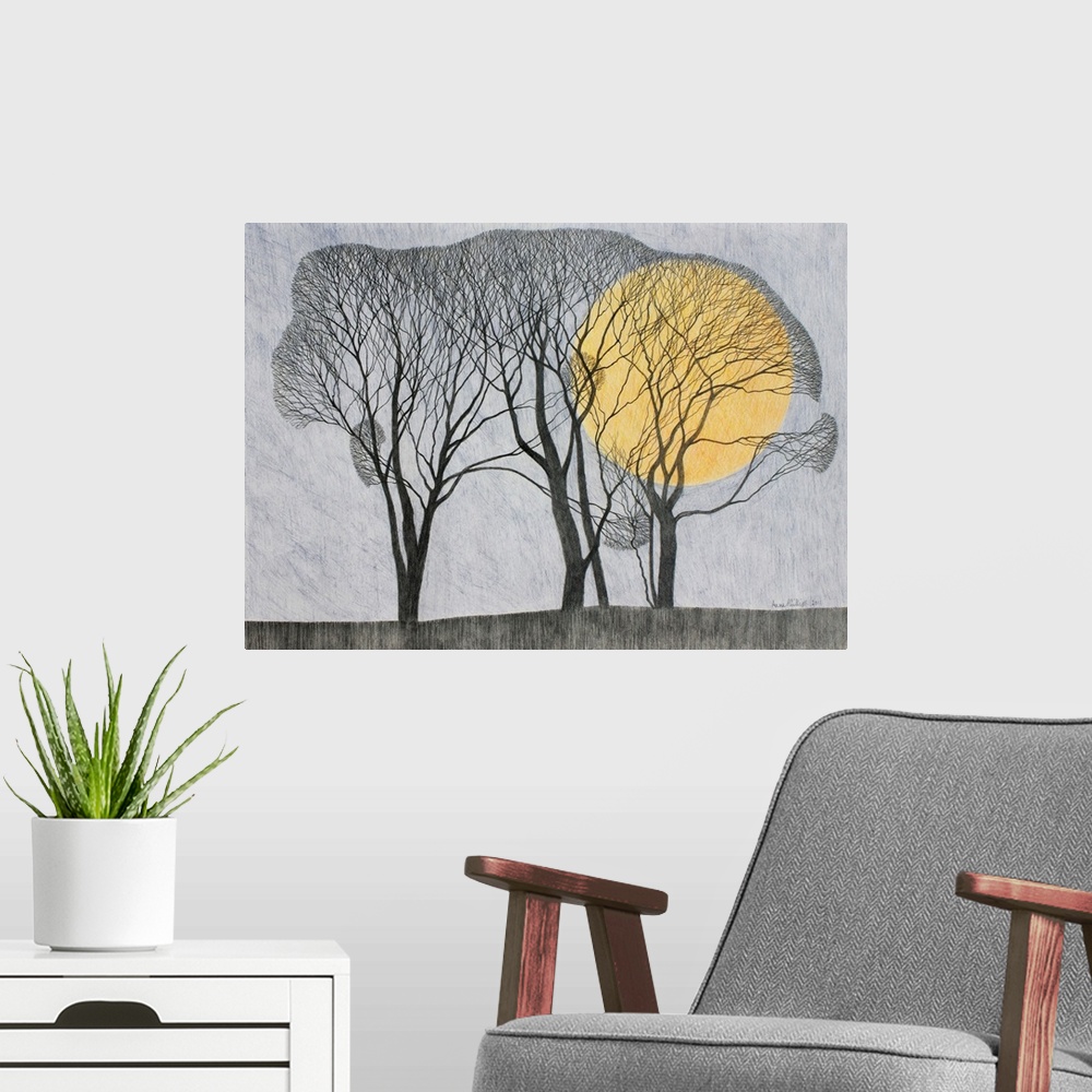 A modern room featuring Fine-tip drawing of bare branch trees enveloping a giant moon.