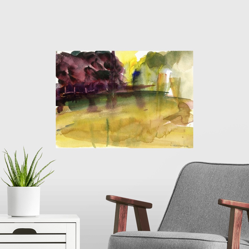 A modern room featuring Contemporary watercolor painting of an open field in a park.