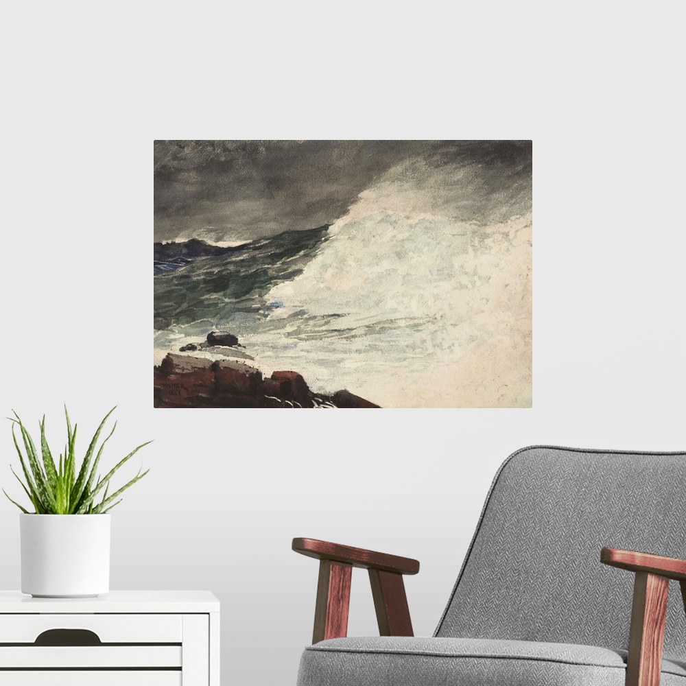 A modern room featuring Prout's Neck, Breaking Wave, 1887, transparent watercolor, with touches of opaque watercolor, rew...