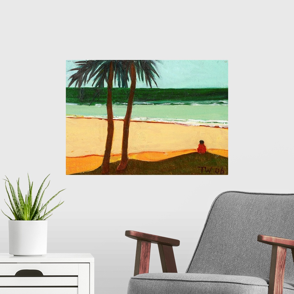 A modern room featuring Contemporary painting of a figure on a beach by the coast next to two palm trees.
