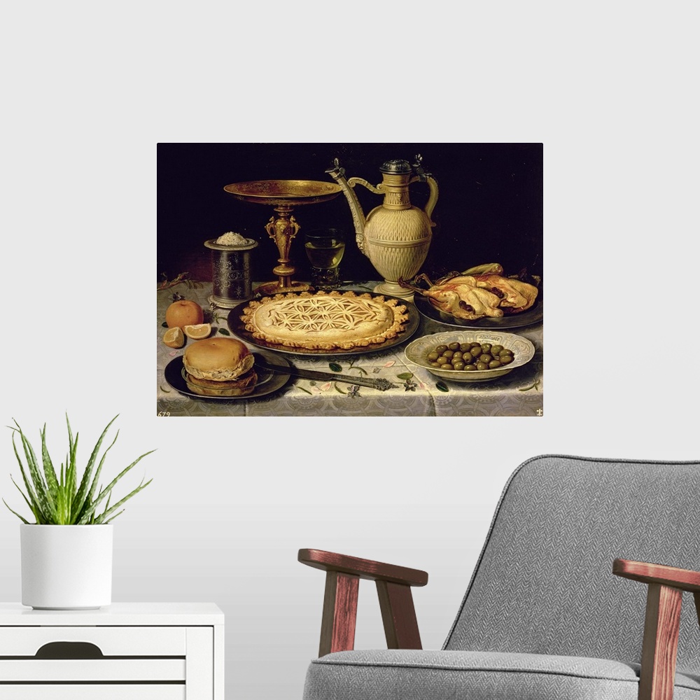 A modern room featuring Still life with a tart, roast chicken, bread, rice and olives