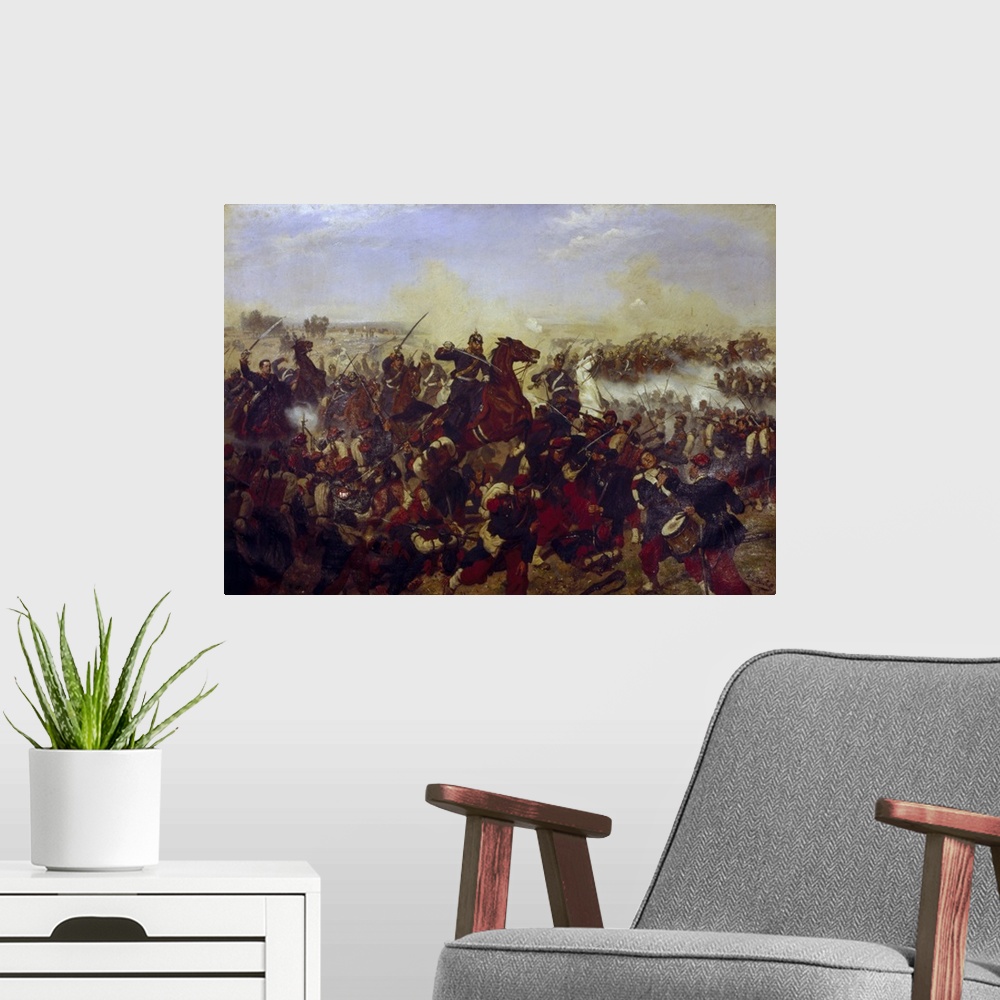 A modern room featuring XPH308484 The Battle of Mars de la Tour on the 16th August 1870, 1878 (oil on canvas); by Huenten...