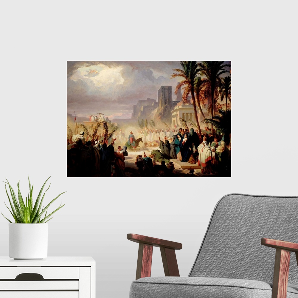 A modern room featuring The Entry of Christ into Jerusalem by Louis Felix Leullier