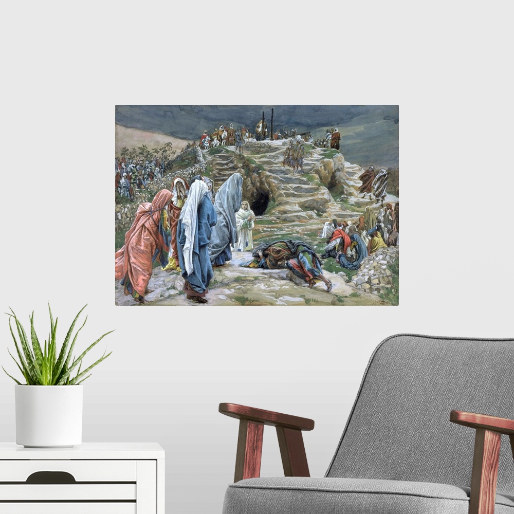 A modern room featuring The Holy Women Stand Far Off Beholding What is Done, illustration for The Life of Christ