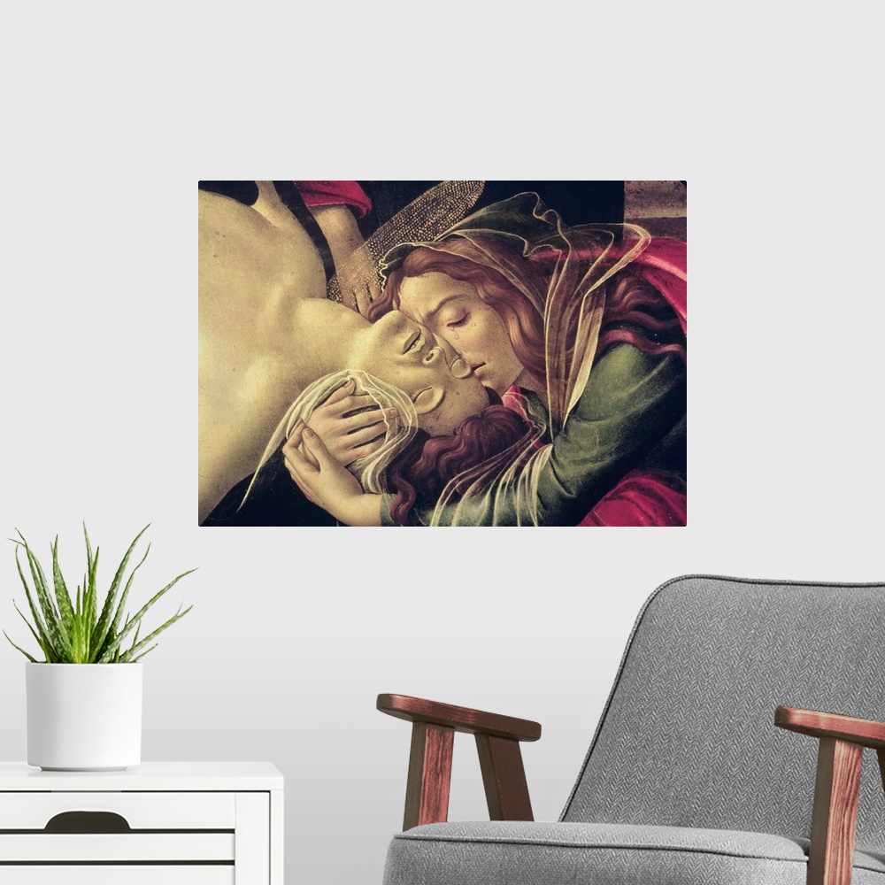 A modern room featuring XIR59427 The Lamentation of Christ, c.1490 (oil on panel) (detail of 604)  by Botticelli, Sandro ...