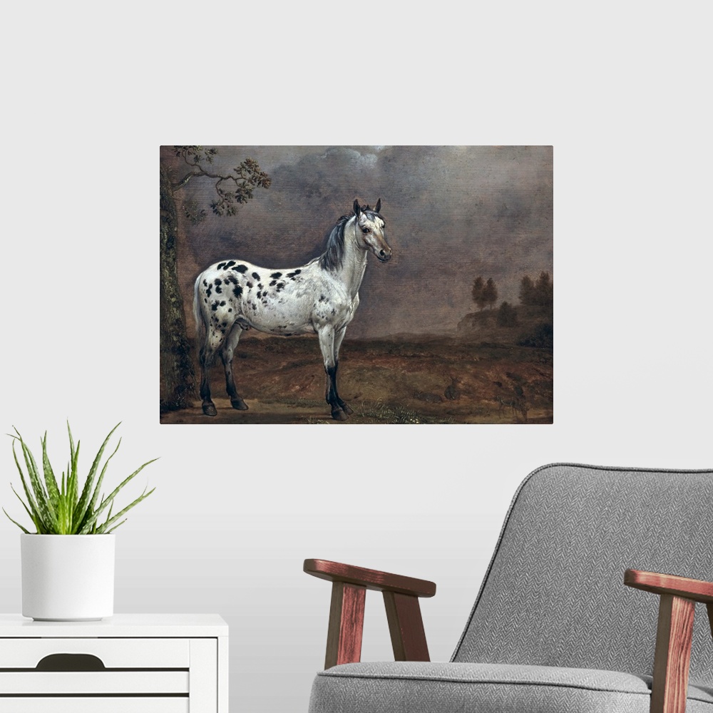 A modern room featuring XIR144384 The Piebald Horse, 1653 (oil on canvas)  by Potter, Paulus (1625-54); 30.5x41 cm; Louvr...