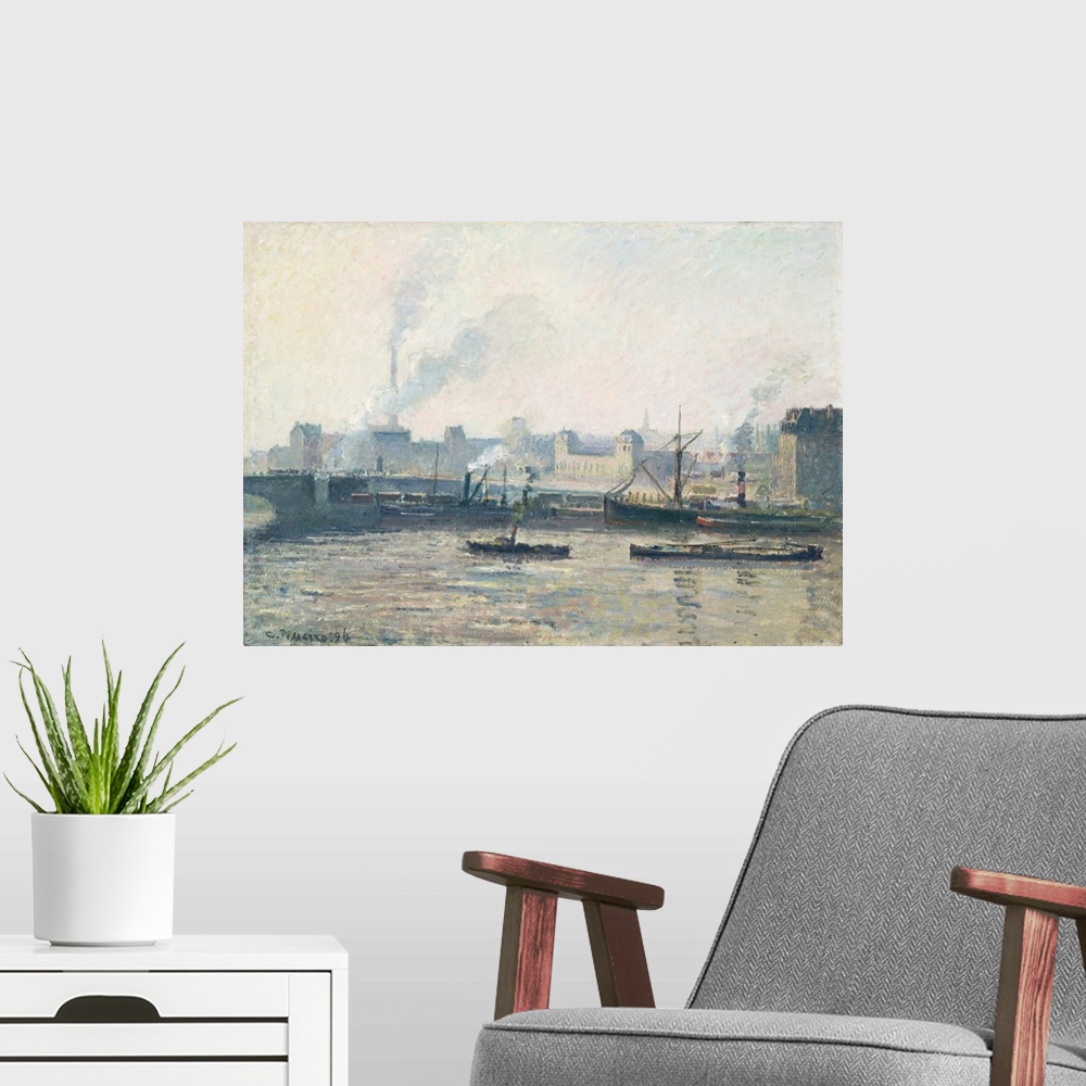 A modern room featuring The Saint-Sever Bridge, Rouen: Mist, 1896 (originally oil on canvas) by Pissarro, Camille (1830-1...