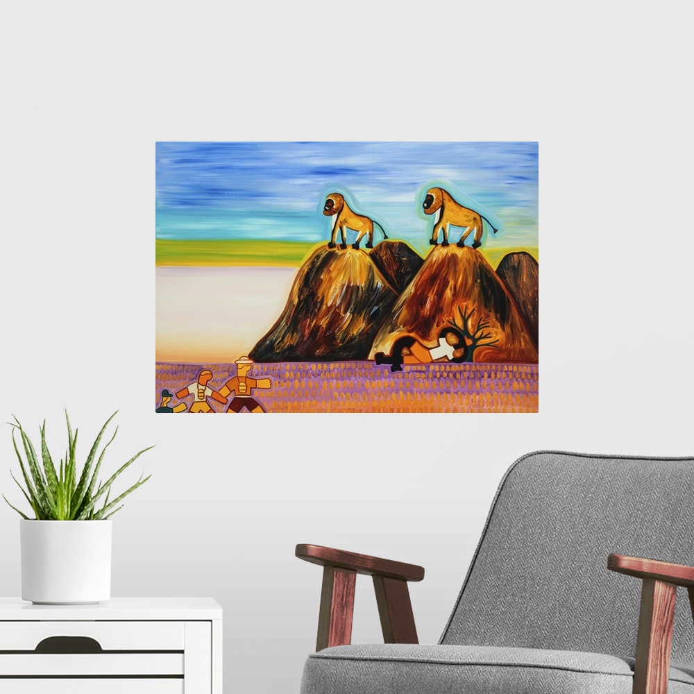 A modern room featuring Timo and the baboons, 2003. Originally oil on linen.