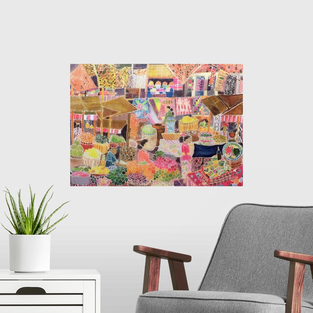 A modern room featuring Contemporary painting of an open air market in Indonesia.