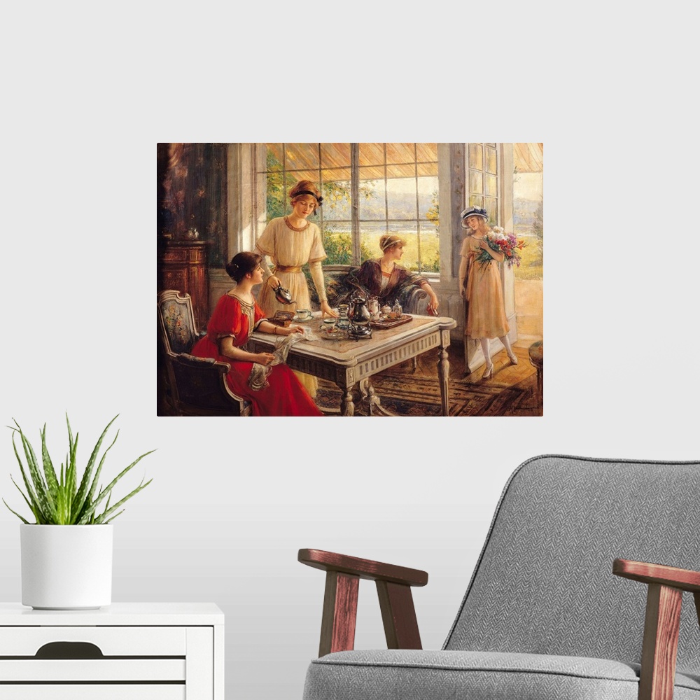 A modern room featuring Women Taking Tea by Albert Lynch