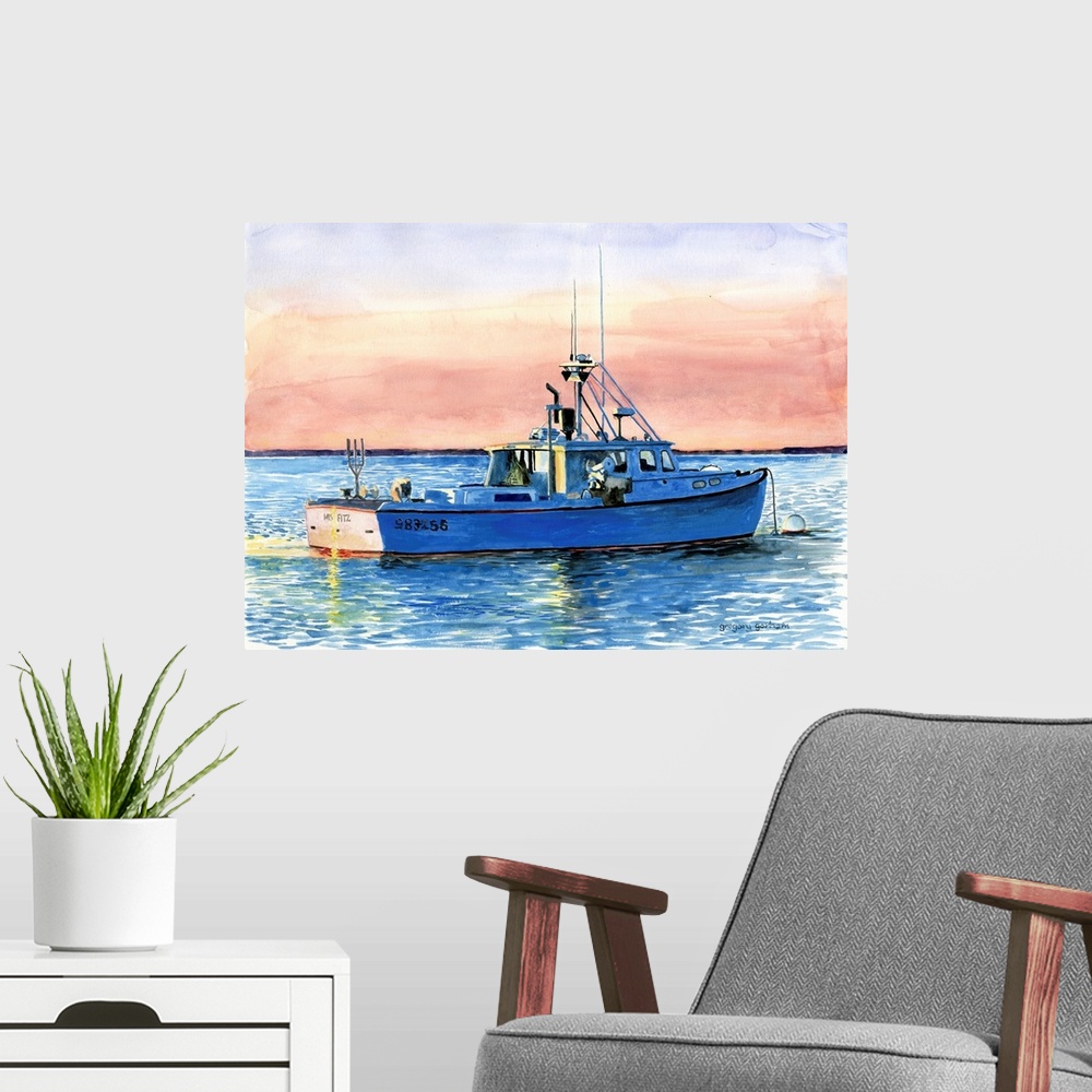 A modern room featuring Blue Boat At Dawn