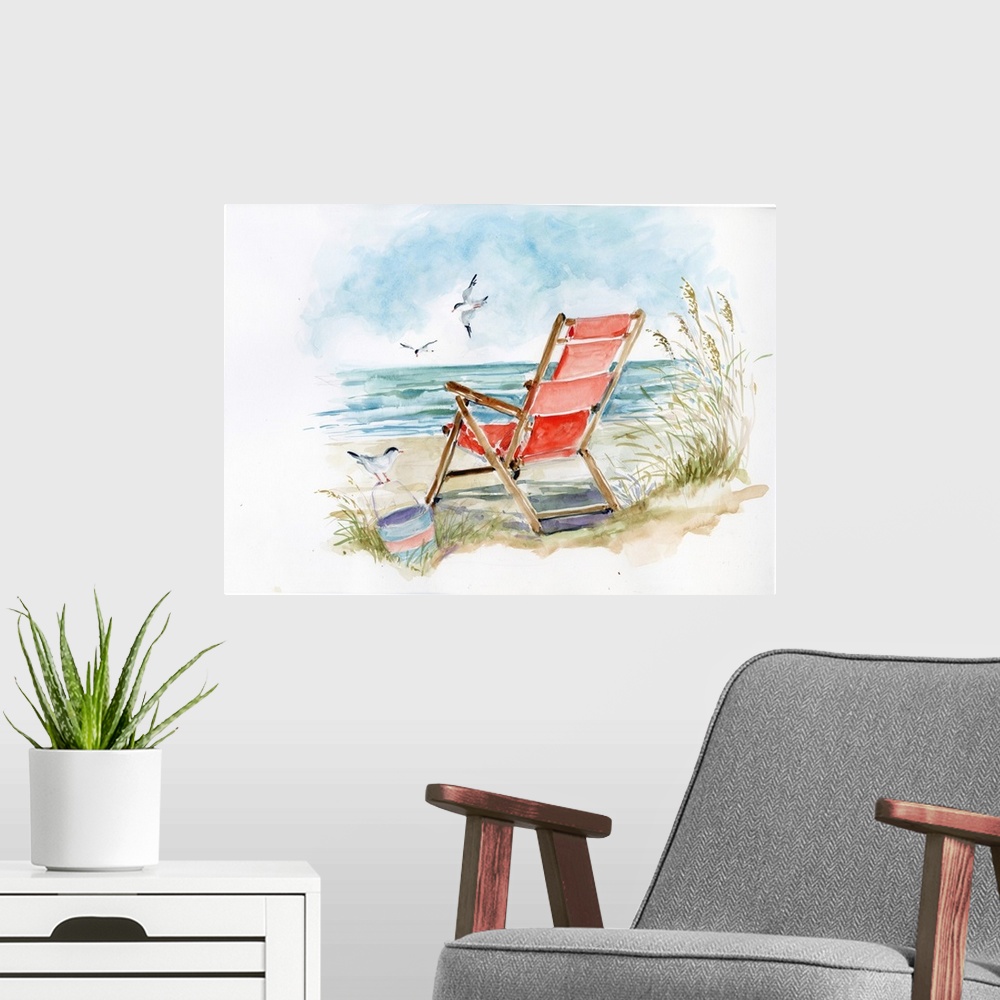 A modern room featuring A wispy watercolor feel evokes a sunny day by the shore.