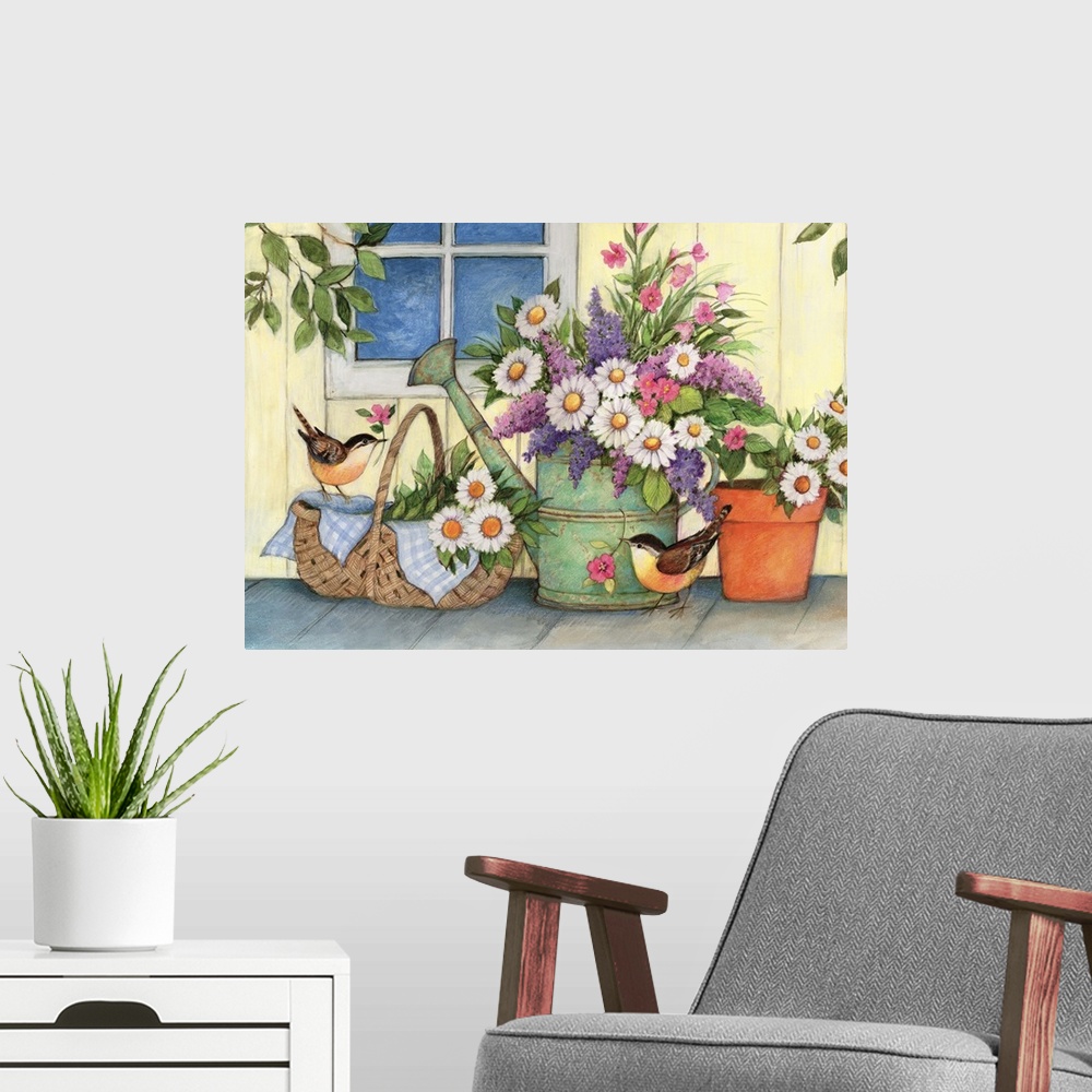 A modern room featuring A sweet country vignette of a watering can scene.
