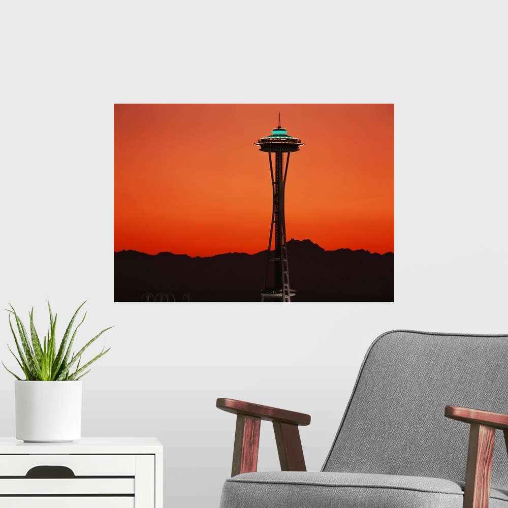 A modern room featuring USA, Washington, Seattle, Space Needle at sunset.