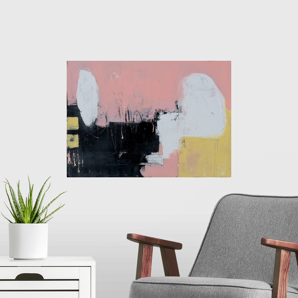 A modern room featuring Horizontal abstract painting with a pale pink background and white, yellow, and black on top.