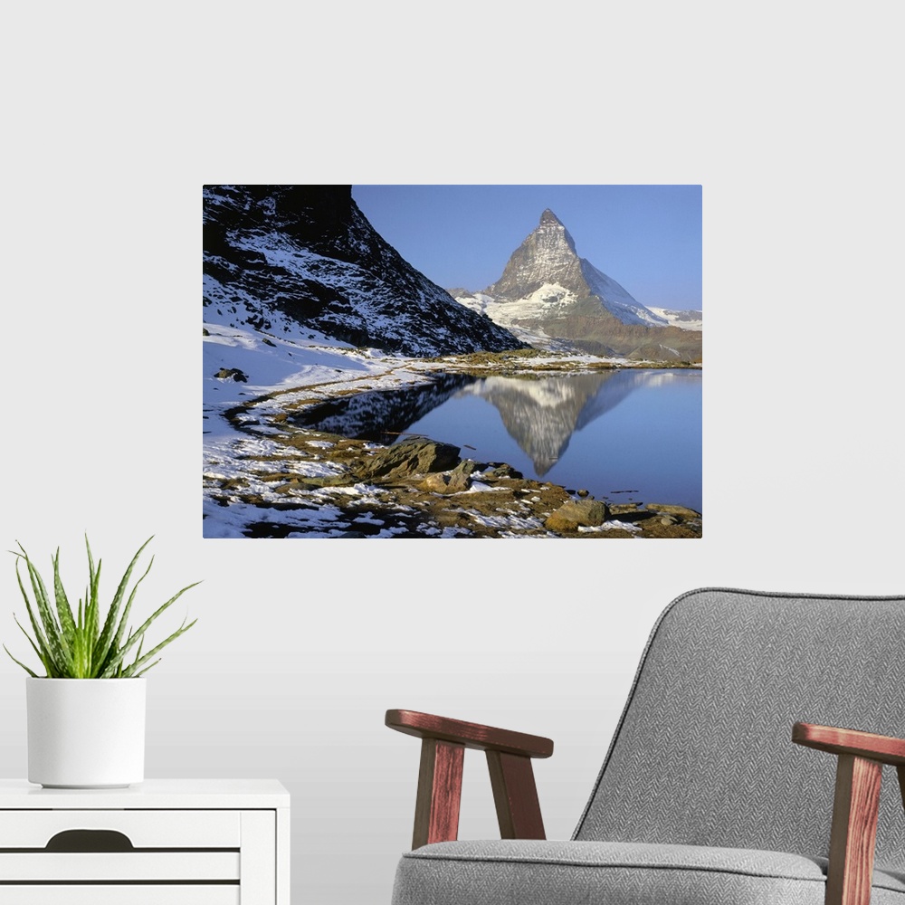 A modern room featuring Switzerland, Valais, Zermatt, Riffel Lake and Matterhorn mountain