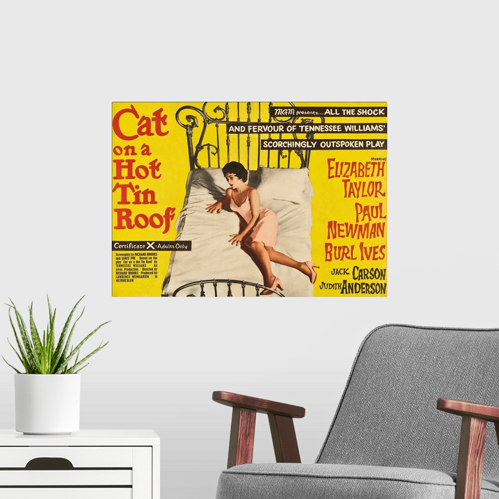 A modern room featuring Cat On A Hot Tin Roof, Elizabeth Taylor On UK Poster Art, 1958.