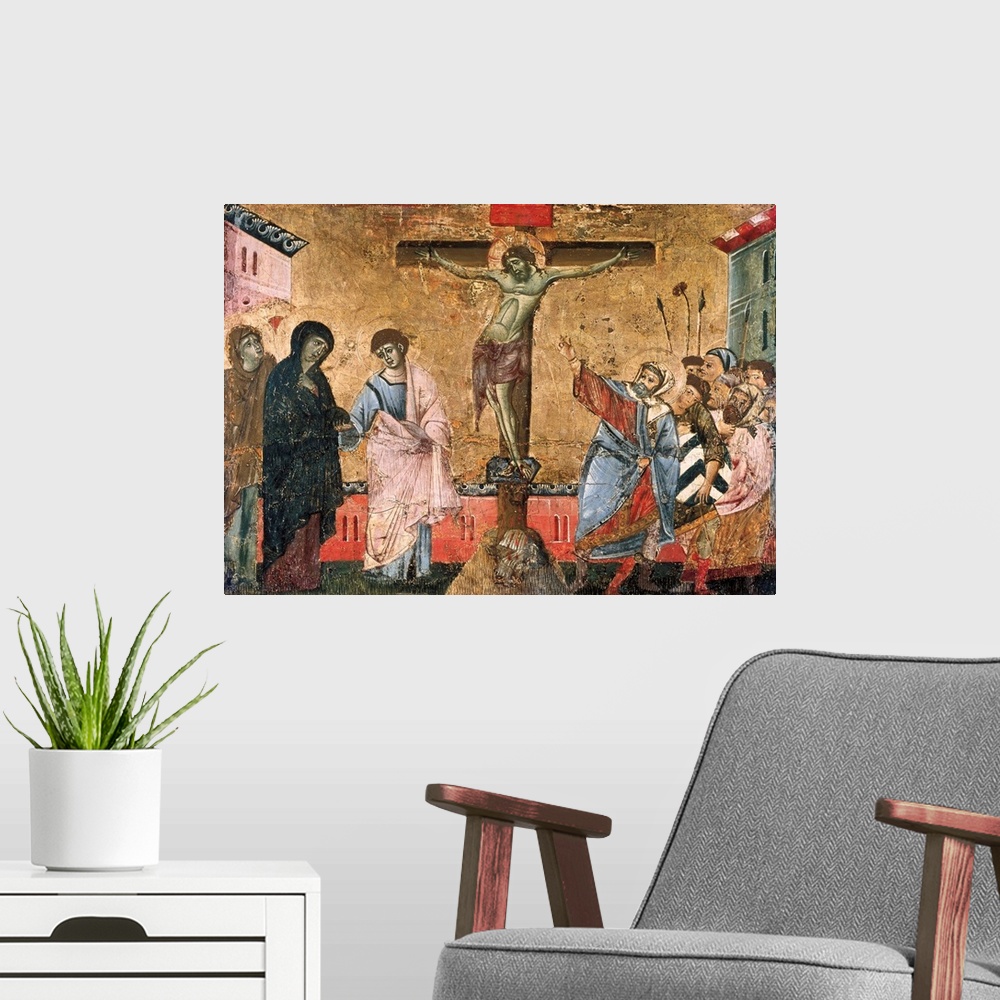 A modern room featuring Guido da Siena, School (13th century). Crucifixion of Jesus. 13th c. Romanesque art. Painting. IT...