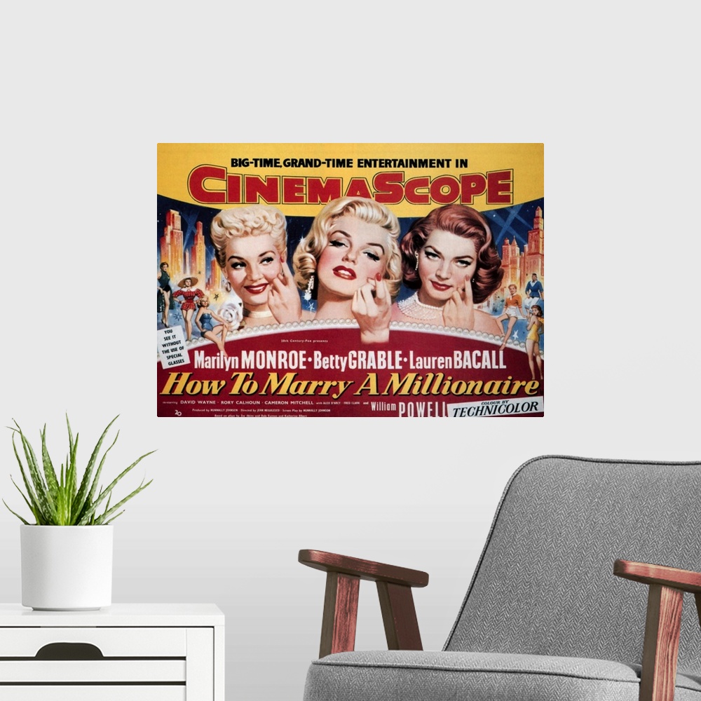 A modern room featuring HOW TO MARRY A MILLIONAIRE, from left: Betty Grable, Marilyn Monroe, Lauren Bacall, 1953, TM and ...