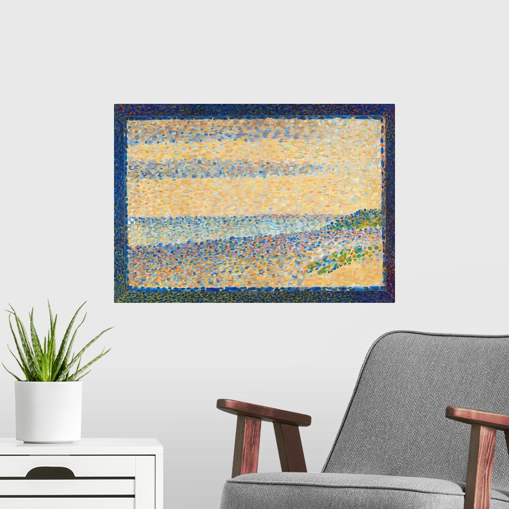 A modern room featuring Seascape (Gravelines), by Georges Seurat, 1890, French Post-Impressionist painting, oil on wood p...