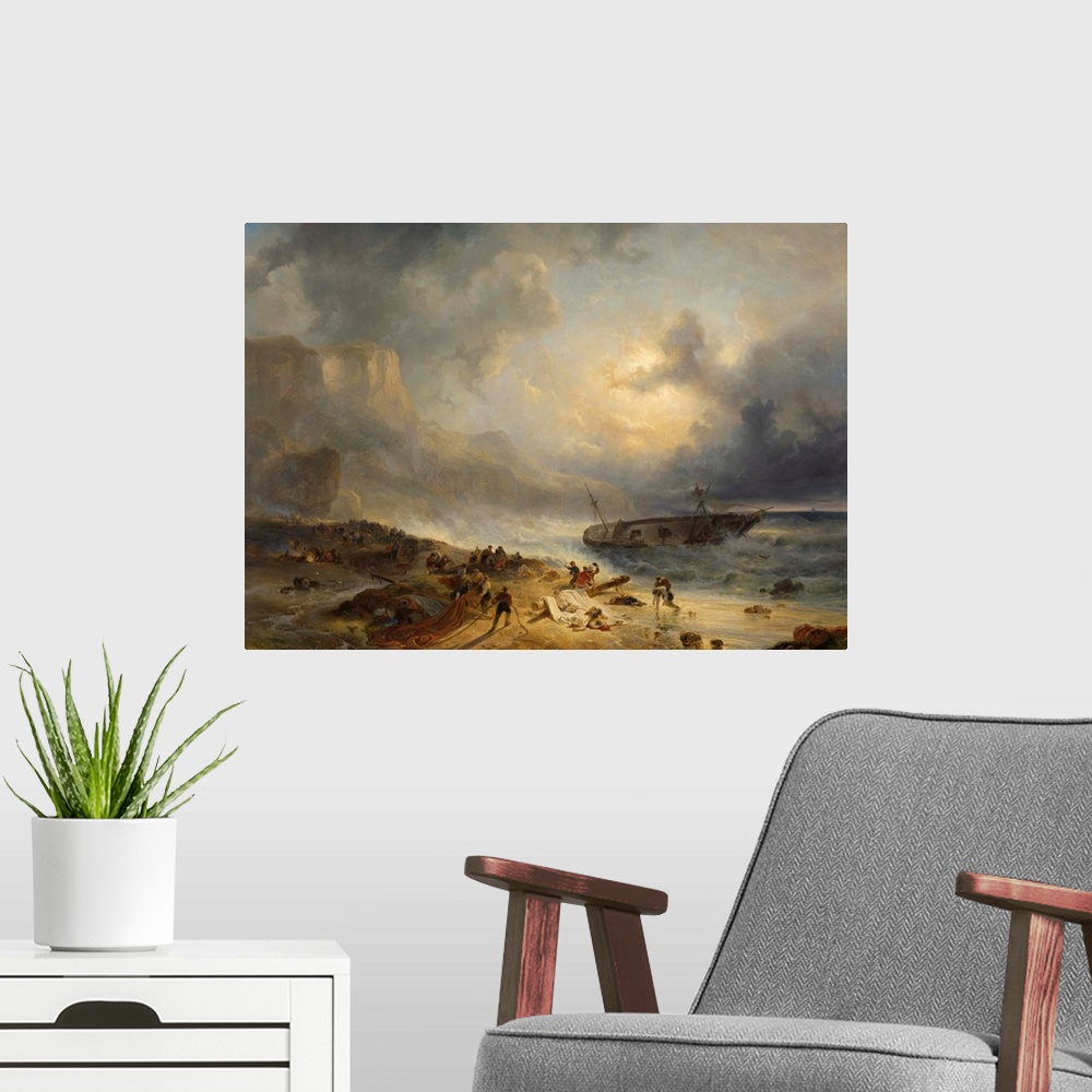 A modern room featuring Shipwreck off a Rocky Coast, by Wijnand Nuijen, c. 1837, Dutch painting, oil on canvas. After a t...